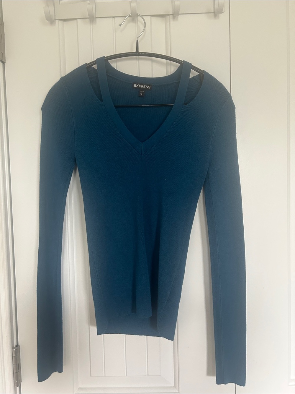 Express Teal V-Neck Long Sleeve Top with Shoulder Cutouts